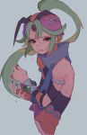  1boy arabian_clothes armlet black_shirt blue_scarf bracer commentary_request cropped_torso forehead_jewel from_side green_hair grey_background grimace hat high_ponytail highres hursh_(outlander)_(puyopuyo) hursh_(puyopuyo) jewelry long_hair looking_at_viewer looking_to_the_side male_focus nail_polish parted_lips ponytail purple_hat purple_nails puyopuyo puyopuyo_quest red_eyes scarf shirt simple_background sleeveless sleeveless_shirt solo turban urolo very_long_hair 