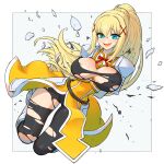  1girl absurdres armor battle_damage black_bodysuit blonde_hair blue_eyes blush bodysuit boots braid braided_base breasts broken_armor commentary darkness_(konosuba) dattosan english_commentary hair_ornament highres kono_subarashii_sekai_ni_shukufuku_wo! large_breasts long_hair looking_at_viewer masochism ponytail ponytail_with_braided_base smile solo thigh_boots torn_bodysuit torn_clothes x_hair_ornament 