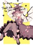  1girl animal_ears arms_up bird_ears bird_wings blush border bow bowtie brown_dress brown_hat brown_thighhighs canariadraw closed_mouth collared_shirt commentary_request dress english_text feathered_wings fingernails frilled_dress frilled_sleeves frills full_body hair_between_eyes hat heart highres long_sleeves looking_at_viewer mystia_lorelei pink_bow pink_eyes pink_hair puffy_sleeves shirt shoes short_hair simple_background sleeve_garter solo thank_you thighhighs touhou two-tone_background white_shirt white_wings wide_sleeves winged_hat wings yellow_background 