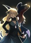  1girl absurdres black_collar blonde_hair closed_mouth coat collar commentary_request cynthia_(pokemon) fur_collar garchomp grey_eyes hair_ornament hair_over_one_eye hand_on_own_hip highres holding holding_poke_ball long_hair long_sleeves md5_mismatch pani_(k43282) pants poke_ball poke_ball_(basic) pokemon pokemon_(creature) pokemon_diamond/pearl/platinum resolution_mismatch smile source_smaller 