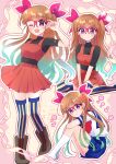  1girl aqua_hair black_shirt blue_sailor_collar blue_skirt blush boots bow brown_boots commentary_request glasses gradient_hair hair_bow highres long_hair looking_at_viewer multicolored_hair ohdo_yuamu one_eye_closed purple_eyes red-framed_eyewear red_bow red_hair red_overskirt s_ebi sailor_collar school_uniform serafuku shirt skirt socks solo two-tone_hair two_side_up white_shirt white_socks yu-gi-oh! yu-gi-oh!_go_rush!! 