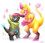  alternate_color black_sclera blue_eyes calonarang claws colored_sclera colored_skin commentary english_commentary fraxure green_skin grey_skin hakamo-o highres looking_at_another multicolored_skin no_humans pokemon pokemon_(creature) shiny_pokemon sparkle tail two-tone_skin yellow_skin 
