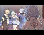  1girl 3boys aether_(genshin_impact) ahoge alyosha_(genshin_impact) arms_behind_back artist_name bare_shoulders black_cape black_gloves blonde_hair blue_dress blue_hair braid braided_ponytail brown_pants brown_shirt cape caught caught_crossdressing_(danshi_koukousei_no_nichijou) commentary cosplay crossdressing crossdressing_(mtf) danshi_koukousei_no_nichijou detached_sleeves dress dressing earrings english_commentary freckles game_screenshot_background genshin_impact gloves green_hair hair_between_eyes hair_bun holding holding_panties holding_underwear holding_unworn_clothes indoors instagram_username jewelry leaning_forward letterboxed looking_at_another meme mitya_(genshin_impact) multicolored_hair multiple_boys nutritsari odette_(genshin_impact) odette_(genshin_impact)_(cosplay) panties pants pink_panties scarf screenshot_background shirt short_hair streaked_hair twitter_username underwear unworn_panties walk-in white_hair white_scarf 