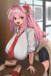  1girl bracelet breasts cleavage clothes_around_waist commentary fate/grand_order fate_(series) flower hair_flower hair_intakes hair_ornament half_updo highres huge_breasts jewelry long_hair looking_at_viewer lunashiba necktie open_mouth pink_hair red_eyes shirt skirt sleeves_rolled_up smile solo sweater sweater_around_waist verdandi_(fate) 