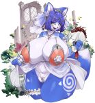  1girl animal_ears areola_slip blue_fur blue_hair body_fur breasts clothing_request crr001 curvy fox_ears fox_girl fox_tail furry furry_female green_eyes highres huge_breasts krystal large_areolae leg_tattoo looking_at_viewer open_mouth short_hair smile solo standing star_fox star_fox_adventures tail tattoo thighs two-tone_fur white_fur wide_hips 