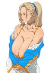  1girl bare_shoulders blonde_hair blue_eyes blue_jacket breast_press breasts cleavage closed_mouth colored_eyelashes earrings freckles highres huge_breasts interlocked_fingers jacket jacket_partially_removed jewelry looking_afar mattsun_(lyohei) multiple_earrings natalie_(mattsun) orange_nails original simple_background solo upper_body white_background 