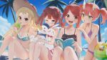  4girls :d ammo21204760 azur_lane beach bikini black_bikini blonde_hair blue_bikini blue_eyes breasts dragon_girl dragon_horns dragon_tail food green_eyes hat highres horns ice_cream jenkins_(azur_lane) jersey_(azur_lane) kiyonami_(azur_lane) light_blush long_hair medium_hair multiple_girls one_eye_closed orange_eyes outdoors palm_tree purple_bikini red_eyes red_hair ryuujou_(azur_lane) sand sitting small_breasts smile straw_hat stuffed_animal stuffed_duck stuffed_rabbit stuffed_toy swimsuit tail tongue tongue_out tree twintails water 