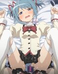  2girls akemi_homura black_skirt blue_eyes blue_hair blue_panties borrowed_hairstyle bow bowtie censored clothed_sex clothing_aside commentary_request cosplay futa_with_female futanari hair_ribbon jaggy_lines kaname_madoka kaname_madoka_(cosplay) looking_at_viewer lying mahou_shoujo_madoka_magica mahou_shoujo_madoka_magica:_walpurgis_no_kaiten miki_sayaka missionary mitakihara_school_uniform mosaic_censoring multiple_girls on_back panties panties_aside penis red_bow red_bowtie ribbon school_uniform skirt striped_clothes striped_panties tomu_(tomubobu) translation_request twintails underwear vaginal 