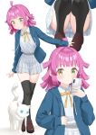  1girl absurdres ahoge black_thighhighs blue_jacket blush brown_shoes cat cellphone commentary_request highres holding holding_phone hong_si_lin jacket loafers looking_at_viewer love_live! love_live!_nijigasaki_high_school_idol_club miniskirt multiple_views neck_ribbon nijigasaki_school_uniform open_clothes open_jacket panties phone pink_hair ribbon school_uniform shoes simple_background skirt smartphone squatting tennoji_rina thighhighs underwear upskirt white_background white_cat white_panties white_skirt yellow_eyes yellow_ribbon 