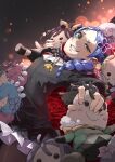  1girl absurdres anastasia_hoshin beatrice_(re:zero) black_cape black_dress blue_hair cape character_doll commentary cowboy_shot doll dress emilia_(re:zero) evil_grin evil_smile frilled_dress frills green_eyes grin hair_ornament half-closed_eye hatanana_(ag6uptphhal3frd) highres holding holding_stuffed_toy julius_juukulius light_blush long_hair long_sleeves looking_at_viewer lying meili_portroute natsuki_subaru on_back parted_bangs ram_(re:zero) re:zero_kara_hajimeru_isekai_seikatsu red_cape rem_(re:zero) shaula_(re:zero) short_dress smile solo stuffed_toy stuffing two-sided_cape two-sided_fabric 