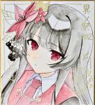  1girl absurdres artist_name black_hair black_shirt closed_mouth collared_shirt commentary_request crown dot_nose flower hair_flower hair_ornament highres long_hair looking_at_viewer mahou_shoujo_no_majo_saiban mini_crown necktie nikaido_hiro portrait red_eyes red_flower red_necktie segawa_luna shikishi shirt signature solo traditional_media white_shirt 