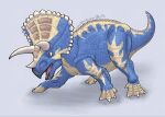  blue_eyes commentary_request dinosaur fossil_fighters full_body grey_background highres horns marigon_dinosau no_humans solo tricera triceratops vivosaur 