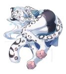  1girl :< absurdres animal_ears black_shorts blue_flower body_fur commentary_request digitigrade feet flower hair_flower hair_ornament highres kawarage_yatano long_hair looking_at_viewer lying on_side one_eye_closed original pawpads shorts snow_leopard_ears snow_leopard_girl snow_leopard_tail soles spotted_fur spotted_tail tail very_long_hair white_hair 
