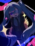  1girl :d black_necktie blue_eyes blue_hair brown_jacket brown_skirt collared_shirt commentary cowboy_shot double-parted_bangs eyepatch grey_shirt hair_between_eyes hand_up hatsune_miku highres jacket long_hair long_sleeves looking_at_viewer medical_eyepatch monitoring_(vocaloid) necktie open_clothes open_jacket open_mouth shirt skirt smile solo sparkle tie_clip tikumashi twintails very_long_hair vocaloid 