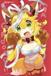  1girl animal_ear_fluff animal_ears animal_hands bandages blonde_hair blush_stickers braid breasts claw_pose cleavage commentary_request cowboy_shot fewer_digits fox_ears fox_girl fox_tail furry furry_female green_eyes hair_between_eyes halloween hands_up highres looking_at_viewer medium_breasts naked_bandage open_mouth original po!_(popoemo) red_background short_hair simple_background solo tail twin_braids twitter_username yellow_fur 