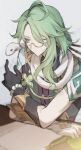  1boy absurdres ahoge animal_around_neck arm_rest baizhu_(genshin_impact) bead_bracelet beads black_gloves bracelet changsheng_(genshin_impact) closed_mouth commentary_request genshin_impact glasses gloves green_hair hair_ornament hair_stick hand_up highres jewelry long_hair male_focus semi-rimless_eyewear single_glove snake snake_wrapped_around_neck solo sparrow4193941 upper_body white_snake yellow_eyes 