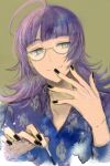  1boy ahoge black_nails blue_eyes blue_shirt blunt_bangs brown_background closed_mouth collared_shirt commentary_request glasses holding holding_nail_polish_brush jack_jeanne long_hair male_focus nail_polish nail_polish_brush neji_kokuto purple_hair semi-rimless_eyewear shirt simple_background smile solo under-rim_eyewear upper_body yuhazu_(rhe-rhe) 