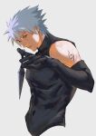  1boy absurdres arm_up black_shirt commentary covered_abs covered_pectorals detached_sleeves english_commentary grey_hair hatake_kakashi highres holding holding_kunai holding_weapon kunai looking_at_viewer male_focus meoowwxx naruto_(series) parted_lips pectorals red_eyes scar scar_across_eye scar_on_face shirt short_hair shoulder_tattoo simple_background sleeveless sleeveless_shirt solo spiked_hair tattoo very_short_hair weapon white_background 
