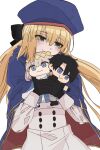 1girl artoria_caster_(fate) artoria_caster_(second_ascension)_(fate) artoria_pendragon_(fate) black_gloves blonde_hair blue_cape blush cape character_doll commentary doll fate/grand_order fate_(series) fujimaru_ritsuka_(male) fujimaru_ritsuka_(male)_(polar_chaldea_uniform) gloves green_eyes highres hugging_doll hugging_object long_sleeves oberon_(fate) smile two-sided_cape two-sided_fabric upper_body yakudo_trio yasa_sio 