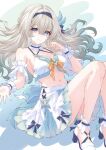  1girl absurdres alternate_costume bikini black_hairband breasts colored_tips commentary firefly_(honkai:_star_rail) foot_out_of_frame grey_hair hairband high_heel_sandals high_heels highres honkai:_star_rail honkai_(series) knees_up large_breasts multicolored_hair navel purple_eyes reaching reaching_towards_viewer reachizu sandals skirt smile solo swimsuit white_bikini white_skirt wrist_cuffs 