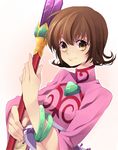  annie_barrs bracelet brown_hair flipped_hair gem jewelry kirimi_maguro shirt short_hair smile solo staff tales_of_(series) tales_of_rebirth very_short_hair white_background yellow_eyes 