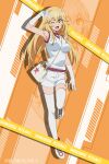  1girl :d ;d anime_coloring arm_up armpits artist_request bag bare_shoulders blonde_hair breasts brown_eyes chain chain_between_breasts character_name copyright_name copyright_notice drop_shadow emblem full_body gloves gym_shirt gym_shorts gym_uniform hair_between_eyes hand_up handbag highres large_breasts long_hair looking_at_viewer merchandise_available official_art one_eye_closed open_mouth orange_background orange_shoes print_bag red_trim school_emblem shirt shoes shokuhou_misaki short_shorts shorts sleeveless sleeveless_shirt smile sneakers solo sparkling_eyes spider_web_print standing standing_on_one_leg star-shaped_pupils star_(symbol) star_print symbol-shaped_pupils thighhighs third-party_source toaru_kagaku_no_railgun toaru_kagaku_no_railgun_t toaru_majutsu_no_index tokiwadai_school_gym_uniform under-elbow_gloves very_long_hair w white_gloves white_shirt white_shoes white_shorts white_thighhighs zoom_layer 