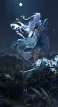  1girl absurdres artist_name bamboo bamboo_forest bare_legs character_request chinese_commentary commentary_request copyright_request dress forest from_behind full_body gohanduck hairstyle_request highres long_hair long_sleeves moon nature night outdoors shoes solo standing standing_on_one_leg white_dress white_hair white_shoes 