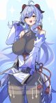  1girl absurdres ahoge alternate_breast_size_(larger) bare_shoulders bell black_gloves black_pantyhose blue_background blue_hair blush breasts commentary_request cowbell detached_sleeves duplicate english_commentary ganyu_(genshin_impact) genshin_impact gloves goat_horns gradient_background halterneck hand_up highres holding_own_hair horns large_breasts long_sleeves mixed-language_commentary open_mouth pantyhose pelvic_curtain pixel-perfect_duplicate ponytail purple_eyes solo star_(symbol) star_symbol_background string thighs two-tone_background vision_(genshin_impact) ynfkin 