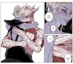  1boy 1girl baldur's_gate baldur's_gate_3 black_dress blush colored_skin commentary_request dark_elf dragonborn_(d&amp;d) dress dungeons_&amp;_dragons elf furry furry_with_non-furry hair_bun highres hug interspecies korean_commentary lips minthara parted_lips pinkteest pointy_ears purple_skin red_eyes sharp_teeth single_hair_bun smile speech_bubble sweat teeth the_dark_urge_(baldur's_gate) thought_bubble topless_male white_hair 