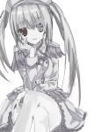  1girl arm_on_thigh breasts clock_eyes colored_skin commentary_request crossed_legs date_a_live date_a_live:_date_a_bullet dress elbow_on_knee gensyo5gaku grey_eyes hand_on_own_face heterochromia highres lolita_fashion long_hair looking_at_viewer medium_breasts military_lolita open_mouth parted_lips red_eyes silver_gloves simple_background smile solo symbol-shaped_pupils twintails white_background white_dress white_hair white_queen_(date_a_live) white_skin 