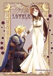  1boy 1girl armor bare_shoulders black_hair blonde_hair blue_cape blush bracelet breasts brown_hair cape closed_eyes closed_mouth cloud_strife cloud_strife_(alphreid_costume) commentary_request couple crescent_moon crown dress final_fantasy final_fantasy_vii final_fantasy_vii_rebirth final_fantasy_vii_remake full_body hetero holding_hands jewelry kiss kissing_hand large_breasts long_dress long_hair moon official_alternate_costume on_one_knee princess_rosa_costume raimusakaki red_eyes short_hair shoulder_armor smile spiked_hair standing star_(symbol) tiara tifa_lockhart tifa_lockhart_(loveless_dress) twitter_username very_long_hair white_dress 