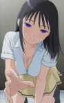  1girl absurdres black_hair black_socks breasts buttons cleavage closed_mouth collarbone collared_shirt commentary_request empty_eyes gradient_background grey_background highres ichikawa_masahiro kneeling leaning_forward long_hair looking_at_viewer medium_breasts mima_sachi miniskirt no_shoes on_bed outstretched_arm paid_reward_available partially_unbuttoned pleated_skirt purple_eyes reaching reaching_towards_viewer school_uniform shirt shirt_tucked_in sidelocks skirt sleeves_rolled_up smile socks solo split_mouth straight_hair watashi_ga_motenai_no_wa_dou_kangaetemo_omaera_ga_warui! white_shirt yellow_skirt 