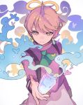  1boy apostolos_(puyopuyo) aqua_ascot ascot blue_butterfly brown_eyes bug butterfly cloud colorful_clouds commentary_request earrings floating floating_object halo highres horns infinity_symbol jar jewelry looking_at_object male_focus pink_butterfly pink_hair pink_horns pink_skirt pointy_ears purple_sweater puyopuyo puyopuyo_quest short_hair single_horn skirt solo standing suspenders sweater unicorn_horn upper_body urolo yellow_halo 