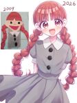  1girl 2009 2026 absurdres arms_behind_back blunt_bangs blush braid buttons child collar collared_dress commentary_request comparison contrast_collar dot_nose dress evolution haruiroha highres low_twintails open_mouth original red_eyes red_hair screenshot skirt smile striped_blush twin_braids twintails white_collar 