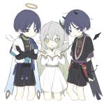  1girl 2boys aged_up alternate_costume alternate_hairstyle alternate_species angel_and_devil angel_wings anger_vein annoyed armor assertive_female bare_shoulders belt black_belt black_bodysuit black_bow black_bridal_gauntlets black_eyes black_hair black_horns black_kimono black_shorts black_sleeves black_tail black_wings blue_cape blue_gem blue_kimono blue_sleeves blunt_ends blush_stickers bodysuit bow boy_sandwich bridal_gauntlets cape cleavage_cutout closed_mouth clothing_cutout collar collarbone commentary_request cropped_legs cross-shaped_pupils crossed_arms demon_horns demon_tail demon_wings detached_sleeves detached_wings dress dual_persona feathers furisode furrowed_brow gem genshin_impact gold_halo gradient_hair green_collar green_eyes green_gem green_hair hair_between_eyes hair_down hakama hakama_shorts halo hand_on_own_arm height_difference hetero highres holding holding_leash horns japanese_armor japanese_clothes juban kimono korean_commentary kote kurokote kusazuri layered_shorts layered_sleeves leash long_hair looking_at_another looking_at_viewer mandarin_collar medium_dress middle_ring multicolored_hair multiple_boys nahida_(genshin_impact) o-ring open_clothes open_kimono open_mouth pleated_shorts pointy_ears purple_rope purple_sash purple_shorts purple_sleeves red_kimono rope sandwiched sash scaramouche_(genshin_impact) scaramouche_(harbinger)_(genshin_impact) short_sleeves shorts side_cape strapless strapless_dress sweatdrop symbol-shaped_pupils tail tareme tassel traditional_halo tsurime uneven_eyes very_long_hair vision_(genshin_impact) wanderer_(genshin_impact) white_dress white_hair white_kimono white_sleeves white_wings wings wispy_bangs wolf_cut yellow_feathers yellow_pupils yoyuyu_0 