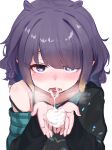  1girl absurdres after_fellatio animal_ears black_jacket blush cum cum_in_mouth highres hololive hololive_english jacket long_hair long_sleeves looking_at_viewer mole mole_under_eye ninomae_ina'nis off_shoulder open_mouth purple_eyes purple_hair simple_background solo tentacle_hair tongue tongue_out upper_body virtual_youtuber white_background yukurita 