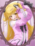  1girl absurdres bare_shoulders black_bow blonde_hair bow commentary_request danuya_(danuya030) dress frills hair_ornament heart heart_hair_ornament highres long_hair long_sleeves mirror monogatari_(series) open_mouth oshino_shinobu pink_dress solo twintails vampire yellow_eyes 