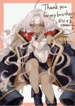  1girl ahoge bare_shoulders black_coat black_shorts blue_eyes blunt_bangs blush boots border breasts canariadraw cape closed_mouth coat coat_on_shoulders collared_shirt commentary_request commission dark-skinned_female dark_skin detached_sleeves english_text epaulettes feet_out_of_frame hair_intakes hand_on_own_cheek hand_on_own_face heart high-waist_shorts highres invisible_chair long_hair long_sleeves looking_at_viewer nail_polish parted_lips pink_border puffy_sleeves shirt shorts simple_background sitting skeb_commission sleeveless smile solo thank_you thigh_strap very_long_hair wavy_hair white_background white_hair white_shirt white_sleeves 
