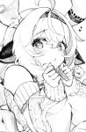  1girl ahoge animal_ears blush commentary_request cow_ears cow_horns detached_sleeves genshin_impact graphite_(medium) hairband heart highres horns ibuki_ememe monochrome traditional_media varesa_(genshin_impact) 