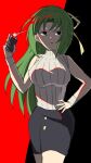 1girl :o black_background black_eyes black_skirt breasts buttons commentary_request deco24733 green_eyes green_hair hair_ribbon hand_on_own_hip hand_up highres higurashi_no_naku_koro_ni holding_stun_gun large_breasts long_hair looking_at_viewer pencil_skirt red_background red_pupils ribbon skirt sleeveless sleeveless_sweater solo sonozaki_shion stun_gun sweater turtleneck turtleneck_sweater two-tone_background white_sweater yellow_ribbon 