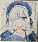  1girl absurdres artist_name bare_shoulders black_ribbon blue_dress blue_hairband bow collarbone commentary_request dot_nose dress dress_bow frilled_dress frilled_hairband frilled_sleeves frills furrowed_brow gothic_lolita hair_over_one_eye hair_ribbon hairband highres jewelry lolita_fashion lolita_hairband long_hair long_sleeves looking_at_viewer mahou_shoujo_no_majo_saiban natsume_an-an necklace off-shoulder_dress off_shoulder one_eye_covered polka_dot polka_dot_bow portrait purple_eyes ribbon segawa_luna shikishi signature simple_background sleeves_past_fingers sleeves_past_wrists solo straight-on traditional_media white_background white_hair 