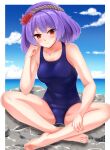  1girl absurdres alternate_costume barefoot blue_one-piece_swimsuit blush border breasts closed_mouth cloud collarbone commentary_request covered_navel day dot_nose full_body hair_ornament hand_on_own_cheek hand_on_own_face hand_up highres indian_style leaf leaf_hair_ornament leaning_forward looking_at_viewer maple_leaf medium_breasts muki_(munikichan) old_school_swimsuit one-piece_swimsuit outdoors outside_border purple_hair red_eyes rock rope school_swimsuit shimenawa short_hair sitting smile solo swimsuit toes touhou water white_border yasaka_kanako 