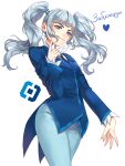  1girl blue_coat blue_eyes blue_necktie blue_pants blue_pantyhose blunt_bangs blush coat cowboy_shot cube_hair_ornament formal_clothes frilled_shirt_collar frills from_below hair_ornament heart highres index_finger_raised logo long_hair long_sleeves looking_at_viewer looking_down necktie original pants pantyhose rezoeline rkn-chan roskomnadzor russian_text simple_background solo standing thick_eyebrows translated tsurime twintails white_background 