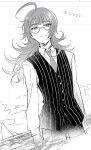  1boy ahoge blunt_bangs character_name collared_shirt commentary_request glasses greyscale jack_jeanne long_hair male_focus monochrome necktie neji_kokuto outdoors pants pinstripe_pattern pinstripe_vest semi-rimless_eyewear shirt solo under-rim_eyewear vest wading yuhazu_(rhe-rhe) 
