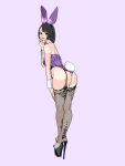  1girl absurdres animal_ear_hairband animal_ears ass asymmetrical_bangs black_eyes black_garter_straps black_hair black_shoes check_commentary collar commentary_request crossed_ankles detached_collar fake_animal_ears fishnet_thighhighs fishnets from_behind from_side garter_straps hairband hand_on_own_chin hand_on_own_thigh high_heels highleg highleg_leotard highres invisible_floor leaning_forward leotard light_blush looking_at_viewer looking_back open_mouth original playboy_bunny purple_background purple_ears purple_leotard rabbit_ear_hairband rabbit_ears sakamoto_giulietta shoes short_hair simple_background solo standing strapless strapless_leotard thighhighs thighs white_collar wrist_cuffs 