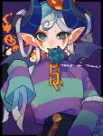  1boy bandaged_head bandaged_horn bandages bat_wings black_border black_horns black_pants black_wings blue_eyes blue_hair blue_sweater border broken broken_chain candy chain chain_leash collar commentary_request curled_horns demon_boy demon_horns facial_mark food food_in_mouth ghost half-closed_eye halloween hand_up horizontal_pupils horns jack-o'-lantern lagash_(puyopuyo) lagash_(ver.hw)_(puyopuyo) leash lollipop lollipop_in_mouth long_sleeves male_focus mini_wings mouth_hold outside_border pants pointing pumpkin_on_head purple_collar purple_sweater puyopuyo puyopuyo_quest sleeves_past_fingers sleeves_past_wrists solo standing striped_clothes striped_sweater sweater sweater_tucked_in swirl_lollipop trick_or_treat two-tone_sweater upper_body urolo wings 