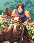  2boys 2girls apron basket bent_over blue_dress blue_shirt boots brown_boots brown_hair brown_pants building cart chimney closed_eyes commentary_request day donta30303 dress fire_emblem fire_emblem:_the_binding_blade fold-over_boots food green_shirt grin holding holding_basket holding_shovel house in_cart light_frown long_hair looking_at_another lot_(fire_emblem) mary_(fire_emblem) mieu_(fire_emblem) multiple_boys multiple_girls muscular muscular_male nail_(hardware) open_mouth orange_hair outdoors pants plant potato pushing_cart radish running shirt short_hair short_sleeves shovel side_ponytail sitting sleeveless sleeveless_shirt smile spiked_hair standing sweatband teeth towel tree upper_teeth_only vegetable wade_(fire_emblem) wheel wheelbarrow white_apron window working 