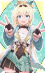  1girl :d aqua_eyes black_gloves black_hairband blonde_hair breasts chest_sarashi cleavage covered_navel cowboy_shot double-parted_bangs double_v egasumi fingerless_gloves gloves hair_ornament hairband hakama hakama_short_skirt hakama_skirt haori high_ponytail highres hololive japanese_clothes kazama_iroha kazama_iroha_(1st_costume) kimono leaf_hair_ornament looking_at_viewer miniskirt open_mouth ponytail ryuga_(balius) sarashi short_hair skin_tight skirt small_breasts smile solo straight-on teeth upper_teeth_only v virtual_youtuber white_kimono yellow_haori 