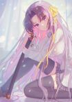 1girl absurdres backlighting black_hair black_thighhighs blush bow breasts closed_mouth collared_shirt commentary curtains day dress_shirt eyes_visible_through_hair film_grain flowingcrescent foot_out_of_frame from_side grey_skirt hair_bow hair_ribbon hair_spread_out highres holding holding_sword holding_weapon indoors katana knee_up kurugaya_yuiko large_breasts leaning_forward little_busters! little_busters!_school_uniform loafers long_hair long_ribbon long_sleeves looking_at_viewer miniskirt parted_bangs plaid_clothes plaid_skirt pleated_skirt purple_eyes ribbon school_uniform shirt shoes sidelocks sitting skirt smile snowing solo straight_hair sword thighhighs thighs tress_ribbon very_long_hair weapon white_shirt window yellow_bow yellow_ribbon zettai_ryouiki 