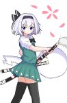  1girl black_bow black_bowtie black_hairband black_thighhighs blue_eyes blush bow bowtie closed_mouth collared_shirt commentary_request green_skirt green_vest grey_hair hairband highres hitodama holding holding_sword holding_weapon katana konpaku_youmu konpaku_youmu_(ghost) looking_at_viewer puffy_short_sleeves puffy_sleeves shirt short_sleeves simple_background skirt skirt_set solo sword thighhighs touhou vest vold weapon white_background white_shirt 